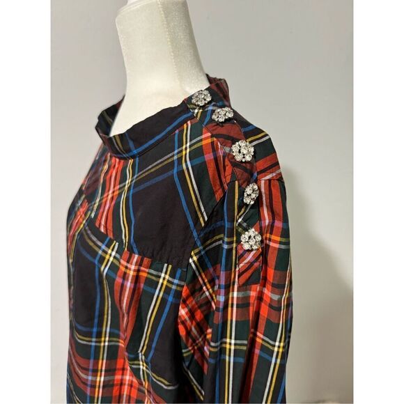 J.Crew Funnelneck shirt in Stewart tartan with jeweled buttons on shoulder stewa - Picture 5 of 12